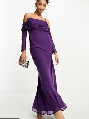 Elegant Purple Off-Shoulder (Peep Shoulder Maxi Dress with slit